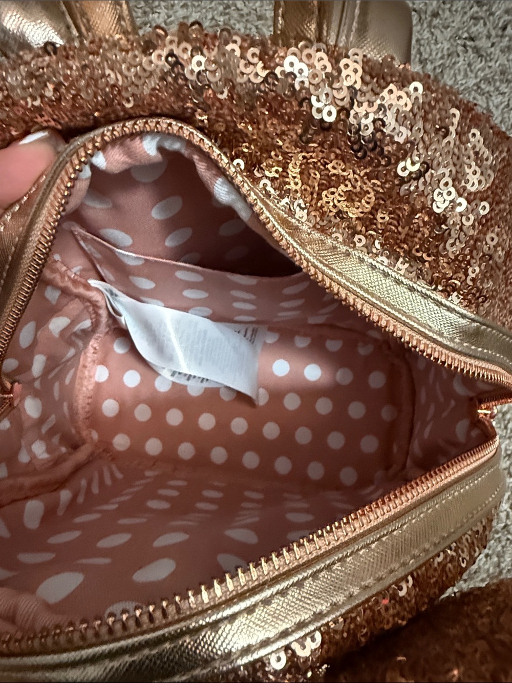 Loungefly Rose Gold Sequin Mini Backpack with Bow Ears - Picture 2 of 3